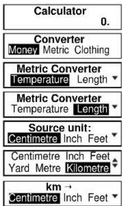 Calculator 0. Converter Money Metric Clothing Metric Converter Temperature Length ▼ Metric Converter Temperature Length ▼ Source unit: Centimetre Inch Feet ▼ Centimetre Inch Feet Yard Metre Kilometre ▼ km → Centimetre Inch Feet ▼