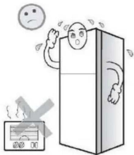 Illustration of a refrigerator with a sad face and a steaming refrigerator nearby (no text or symbols)