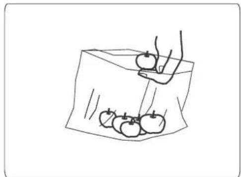 Simple line drawing of a hand holding an apple over a bag filled with apples (no text or symbols)
