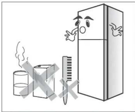 Illustration of a refrigerator with a surprised face and a thermometer beside it, accompanied by a steaming cup and a pencil (no text or symbols)