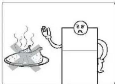 Cartoon illustration of a steaming bowl and a person waving, next to a large rectangular block with a sad face (no text or symbols)