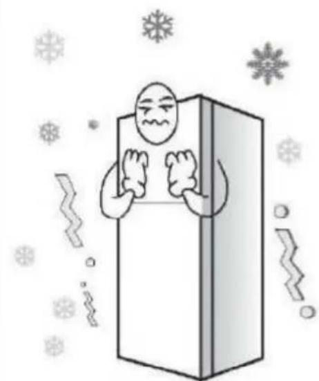 Cartoon illustration of a person inside a refrigerator with snowflakes around (no text or symbols)