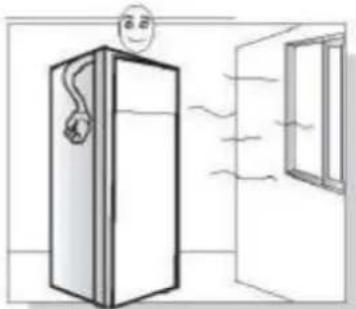 Simple line drawing of a refrigerator with a smiling face and exhaust lines, next to a window (no text or symbols)
