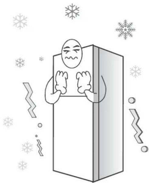 Illustration of a person inside a refrigerator with snowflakes around (no text or symbols)