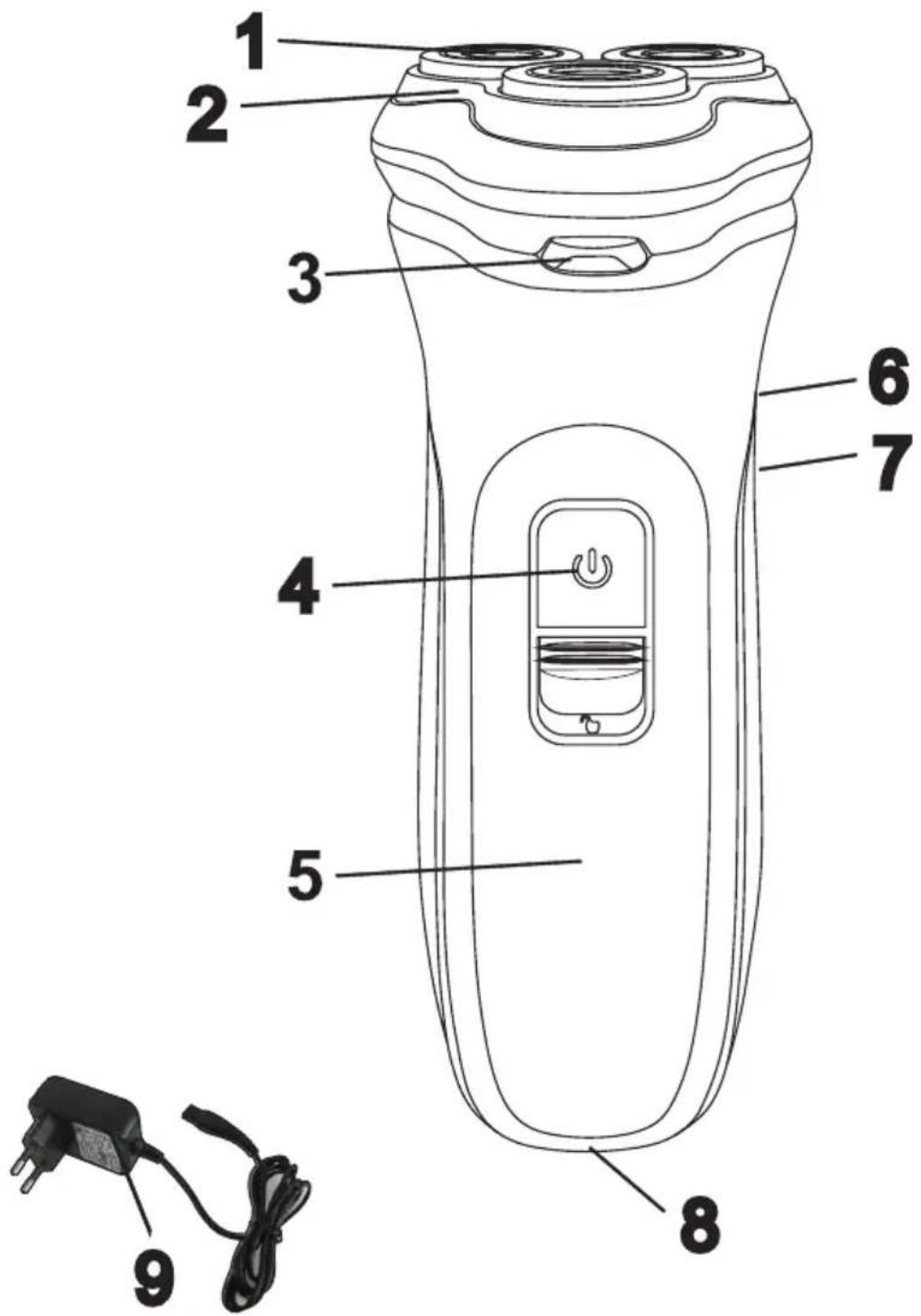 Diagram of a hand-operated electric shaver with labeled parts including power switch, buttons, and plug