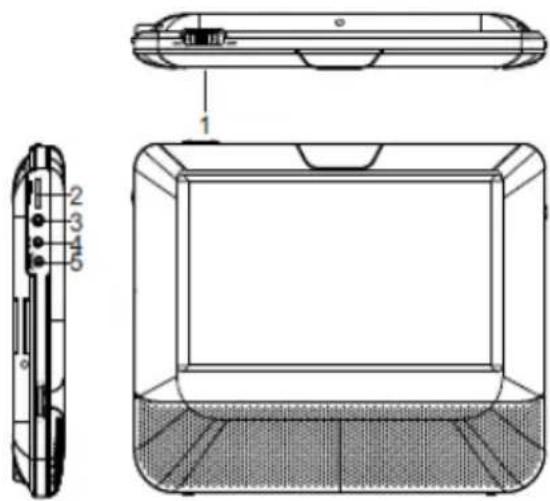 Technical diagram of a device showing front, side, top, and internal components with labeled parts and part number 1