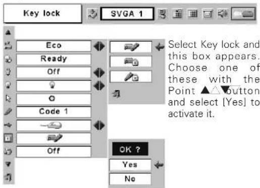 Key lock SVGA 1 Eco Ready Off Code 1 Off Select Key lock and this box appears. Choose one of these with the Point ▲▼button and select [Yes] to activate it. OK ? Yes No