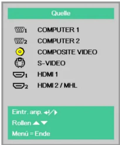Quelle 1 COMPUTER 1 2 COMPUTER 2 COMPOSITE VIDEO S-VIDEO 1 HDMI 1 2 HDMI 2 / MHL Eintr. anp. ←/► Rollen ▲▼ Menu = Ende