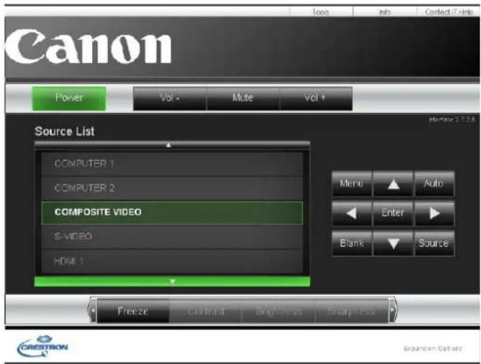 Canon Power Vol - Mute Vol + Source List COMPUTER 1 COMPUTER 2 COMPOSITE VIDEO S-VIDEO HDMI 1 Freeze Ctrl+1 Brightness Sharpness Menu Auto Enter Blank Source CRESTRON Bogarden Opt. set