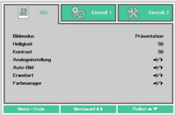 Bild Einstell. 1 Einstell. 2 Bildmodus Präsentation Helligkeit 50 Kontrast 50 Analogeinstellung ◀/▶ Auto-Bild ◀/▶ Erweitert ◀/▶ Farbmanager ◀/▶ Menü = Ende Menüwahl ◀► Rollen ▲▼