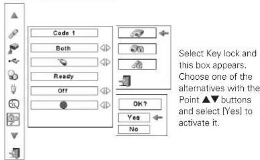Code 1 Both Ready Off Select Key lock and this box appears. Choose one of the alternatives with the Point ▲▼ buttons and select [Yes] to activate it.