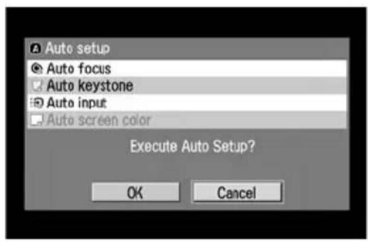 Auto setup Auto focus Auto keystone Auto input Auto screen color Execute Auto Setup? OK Cancel