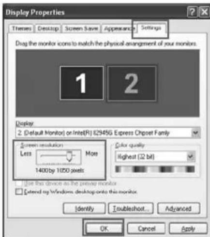Display Properties Themes Desktop Screen Save Appearance Settings Drag the monitor icons to watch the physical arrangement of your monitors. 1 2 Display 2: (Default Monitor) on Intel(R) 82945G Express Chipset Family Screen resolution More Less 1400by 1050 pixels Color quality Highest [32 bit] Use this device as the primary monitor Extend my Windows desktop onto this monitor. Identity Troubleshoot Advanced OK Cancel Apply