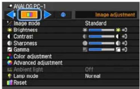 ANALOG PC-1 Image adjustment Image mode Standard Brightness +0 Contrast +0 Sharpness +0 Gamma +0 Color adjustment Advanced adjustment Ambient light Off Lamp mode Normal Reset