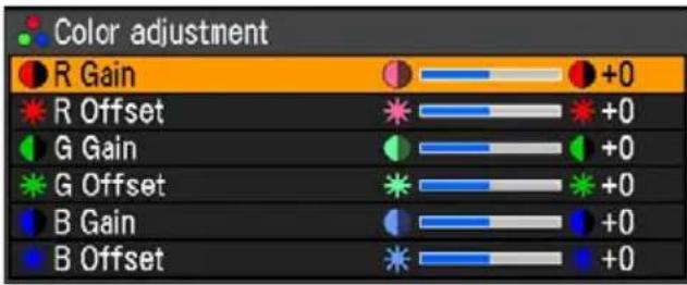 Color adjustment R Gain +0 R Offset +0 G Gain +0 G Offset +0 B Gain +0 B Offset +0