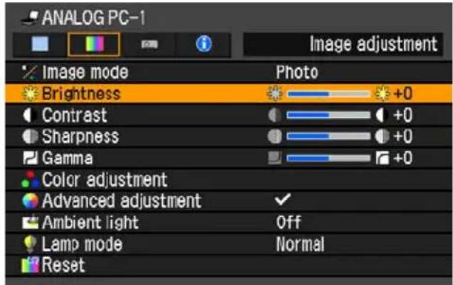 ANALOG PC-1 Image adjustment Image mode Brightness Contrast Sharpness Gamma Color adjustment Advanced adjustment Ambient light Lamp mode Reset Photo +0 +0 +0 +0 Off Normal