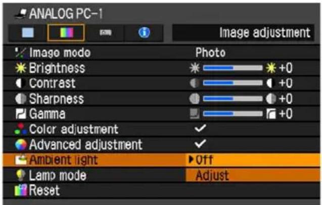 ANALOG PC-1 Image adjustment Imago modo Brightness Contrast Sharpness Gamma Color adjustment Advanced adjustment Ambient light Lamp mode Reset Photo +0 +0 +0 +0 ✓ ✓ Off Adjust