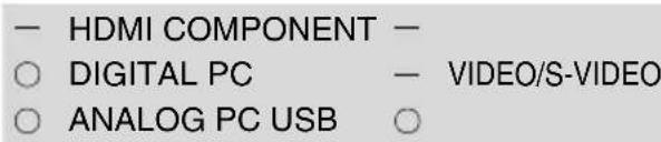 - HDMI COMPONENT - ○ DIGITAL PC - VIDEO/S-VIDEO ○ ANALOG PC USB ○