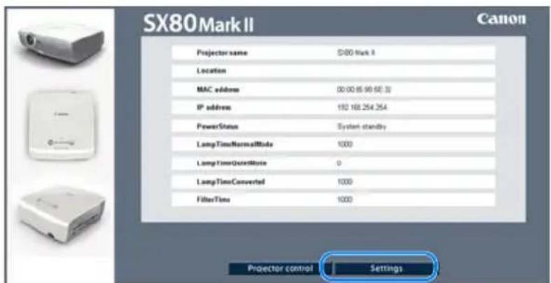 SX80Mark II Canon Projector name ©60 mark 8 Location MAC address 00:00:85:90:62.31 IP address 192 168.254.254 PowerStatus System-standby LongTimeNormalMode 1000 LongTimeQuietNote 0 LongTimeConverted 1000 FilterTime 1000 Projector control Settings