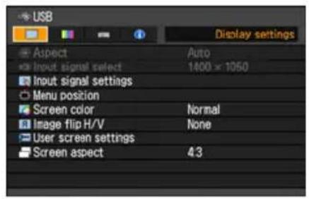 USB Display settings Aspect Auto Input signal select 1400 × 1050 Input signal settings Menu position Screen color Normal Image flip H/V None User screen settings Screen aspect 4.3