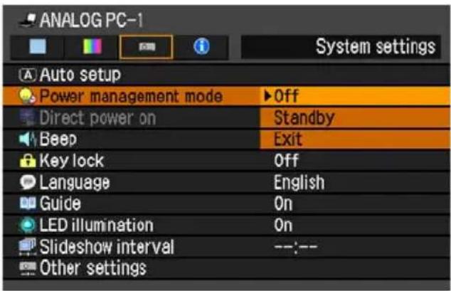ANALOG PC-1 System settings Auto setup Power management mode ▶Off Direct power on Standby Beep Exit Key lock Off Language English Guide On LED illumination On Slideshow interval ---:--- Other settings