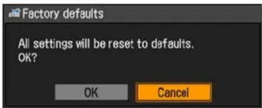 Factory defaults All settings will be reset to defaults. OK? OK Cancel