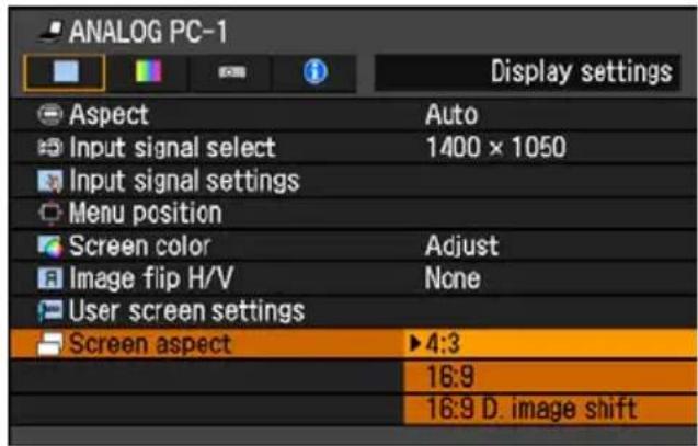 ANALOG PC-1 Display settings Aspect Auto Input signal select 1400 × 1050 Input signal settings Menu position Screen color Adjust Image flip H/V None User screen settings Screen aspect ▶4:3 16:9 16:9 D. image shift
