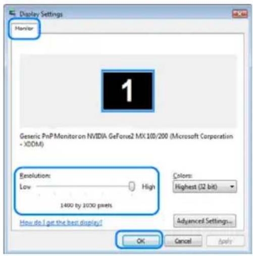 Display Settings Monitor Generic PnP Monitor on NVIDIA GeForce2 MX 100/200 (Microsoft Corporation - XDDM) Resolution: Low High 1400 by 1000 pixels How do I get the best display! Colors: Highest (32 bit) Advanced Settings... OK Cancel Apply