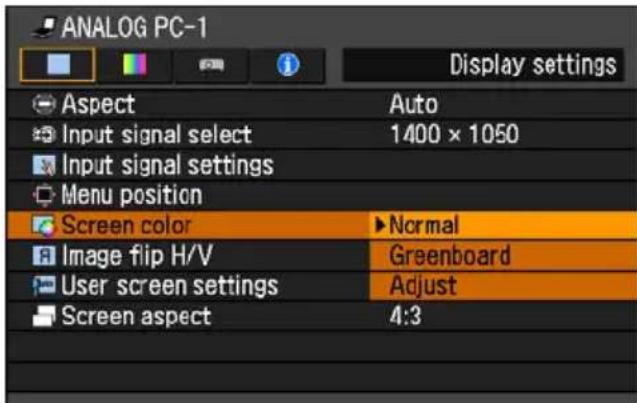 ANALOG PC-1 Display settings Aspect Auto Input signal select 1400 × 1050 Input signal settings Menu position Screen color Normal Image flip H/V Greenboard User screen settings Adjust Screen aspect 4:3