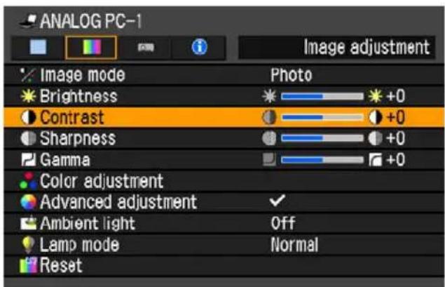 ANALOG PC-1 Image adjustment Image mode Brightness Contrast Sharpness Gamma Color adjustment Advanced adjustment Ambient light Lamp mode Reset Photo +0 +0 +0 +0 Off Normal