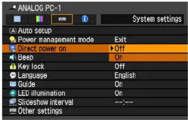 ANALOG PC-1 System settings Auto setup Power management mode Exit Direct power on Off Beep On Key lock Off Language English Guide On LED illumination On Slideshow interval --:-- Other settings