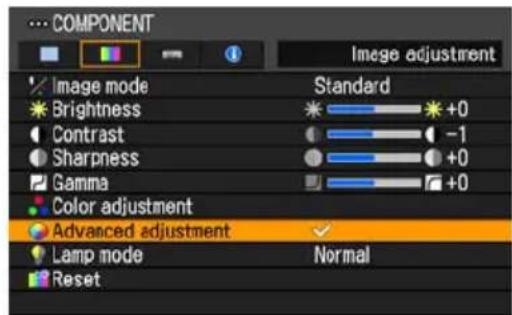 COMPONENT Image adjustment Image mode Brightness Contrast Sharpness Gamma Color adjustment Advanced adjustment Lamp mode Reset Standard +0 -1 +0 +0 Normal