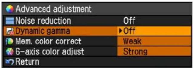 Advanced adjustment Noise reduction Off Dynamic gamma ▶Off Mem. color correct Weak 6-axis color adjust Strong Return