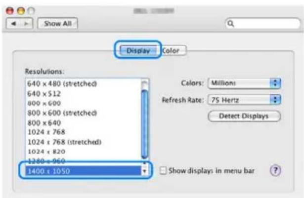 Display Color Resolutions: 640 x 480 (stretched) 640 x 512 800 x 600 800 x 600 (stretched) 800 x 640 1024 x 768 1024 x 768 (stretched) 1024 x 820 1280 = 960 1400 x 1050 Colors: Millions Refresh Rate: 75 Hertz Detect Displays Show displays in menu bar