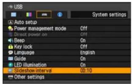 USB System settings Auto setup Power management mode Off Direct power on Off Beep On Key lock Off Language English Guide On LED illumination On Slideshow interval 00:10 Other settings