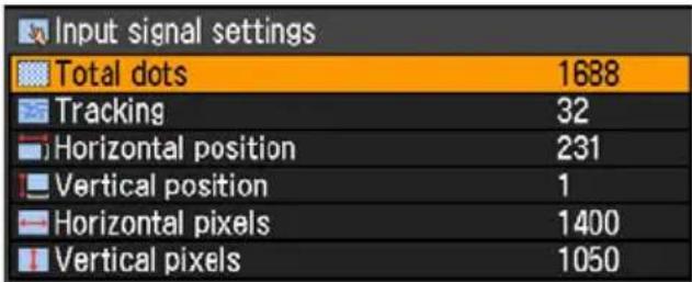 Input signal settings Total dots 1688 Tracking 32 Horizontal position 231 Vertical position 1 Horizontal pixels 1400 Vertical pixels 1050