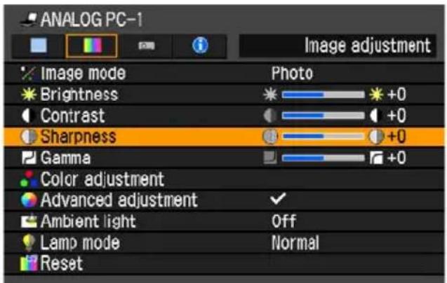 ANALOG PC-1 Image adjustment Image mode Photo Brightness +0 Contrast +0 Sharpness +0 Gamma +0 Color adjustment Advanced adjustment ✓ Ambient light Off Lamp mode Normal Reset