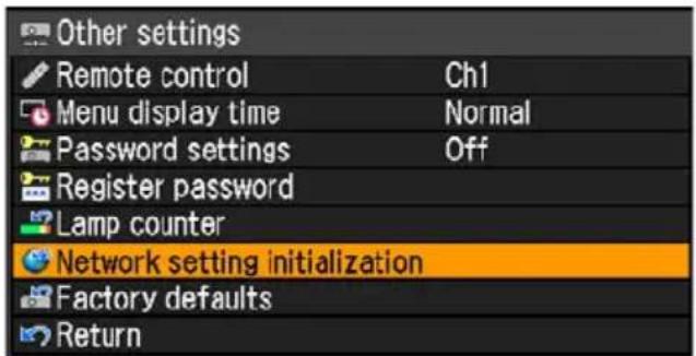 Other settings Remote control Ch1 Menu display time Normal Password settings Off Register password Lamp counter Network setting initialization Factory defaults Return