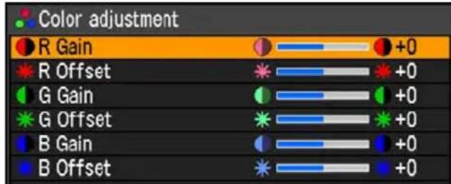 Color adjustment R Gain +0 R Offset +0 G Gain +0 G Offset +0 B Gain +0 B Offset +0