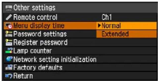 Other settings Remote control Ch1 Menu display time ►Normal Password settings Extended Register password Lamp counter Network setting initialization Factory defaults Return