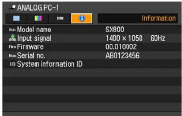 ANALOG PC-1 Model Name SX800 Input signal 1400 × 1050 60Hz Firm Firmware 00.010002 Serial no. AB0123456 ID System information ID Information