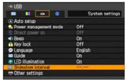 USB System settings Auto setup Power management mode Off Direct power on Off Beep On Key lock Off Language English Guide On LED illumination On Slideshow interval —:— Other settings