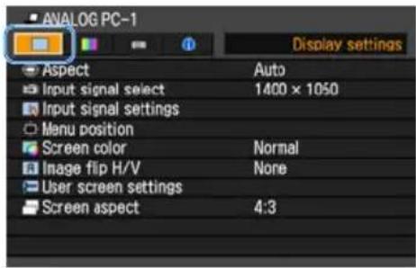 ANALOG PC-1 Display settings Aspect Auto Input signal select 1400 × 1050 Input signal settings Menu position Screen color Normal Image flip H/V None User screen settings Screen aspect 4:3