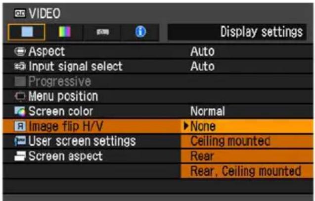 VIDEO Display settings Aspect Auto Input signal select Auto Progressive Menu position Screen color Normal Image flip H/V None User screen settings Ceiling mounted Screen aspect Rear Rear, Ceiling mounted