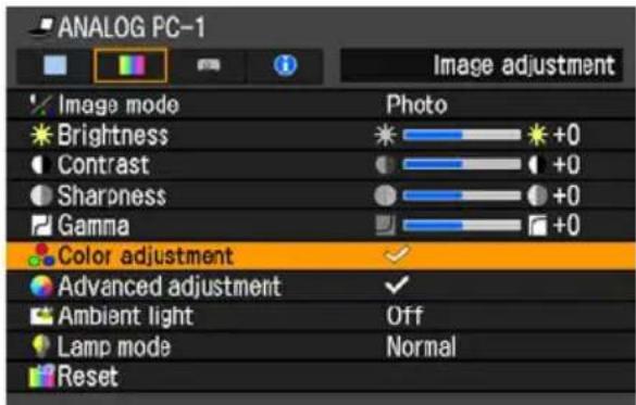ANALOG PC-1 Image adjustment Image mode Brightness Contrast Sharpness Gamma Color adjustment Advanced adjustment Ambient light Lamp mode Reset Photo +0 +0 +0 ✓ Off Normal