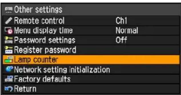 Other settings Remote control Ch1 Menu display time Normal Password settings Off Register password Lamp counter Network setting initialization Factory defaults Return