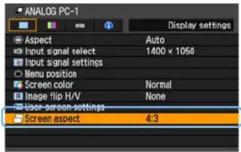 ANALOG PC-1 Display settings Aspect Auto Input signal select 1400 × 1050 Input signal settings Menu position Screen color Normal Image flip H/V None User screen settings Screen aspect 4:3