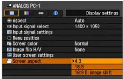 ANALOG PC-1 Display settings Aspect Auto Input signal select 1400 × 1050 Input signal settings Menu position Screen color Normal Image flip H/V None User screen settings Screen aspect ▶4:3 16:9 16:9 D. image shift