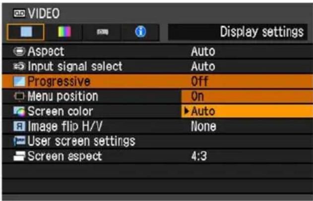 VIDEO Display settings Aspect Auto Input signal select Auto Progressive Off Menu position On Screen color ▶Auto Image flip H/V None User screen settings Screen aspect 4:3