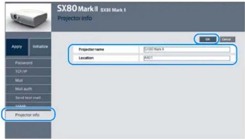 SX80 Mark II SX80 Mark I Projector info Apply Initialize Password TCP/HP Mail Mail auth Send test mail COAR Projector info Projector name SX80 Mark II Location X401 OK Cancel